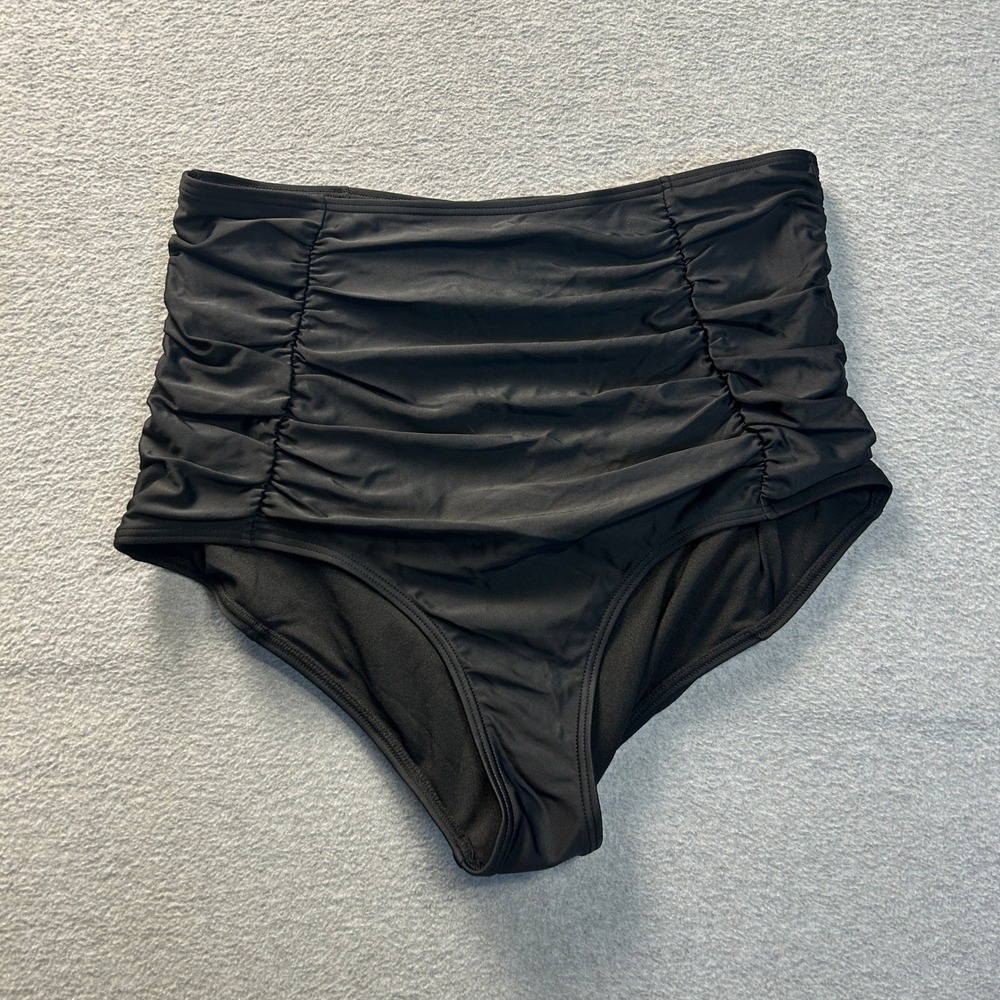 Cocoship High Waisted Ruched Bikini Bottom Womens 14 Black Tummy Control Stretch